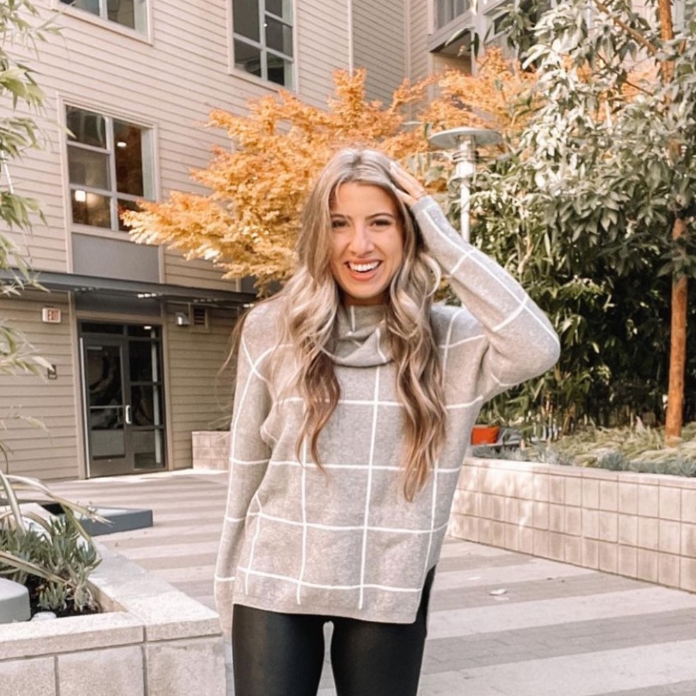 Turtleneck Knitted Sweater Plaid Batwing Sleeve Pullover Side Slit